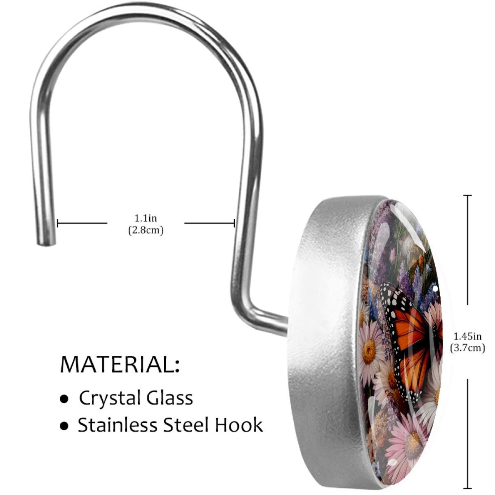 Butterfly Daisy Flowers Shower Curtain Hooks Round Crystal Glass, Set of 12 Shower Curtain Rings - Shower Hooks for Curtain Shower Rings