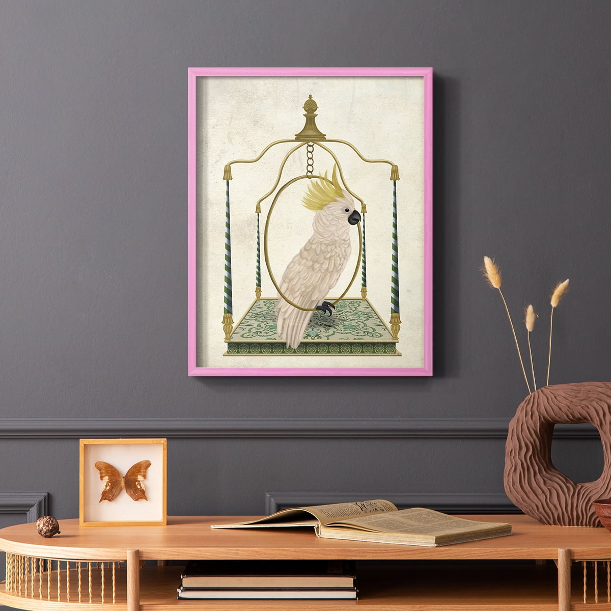 White Cockatoo on Swing Framed Print in Pink Solid Wood 11 x 14 Framed Print