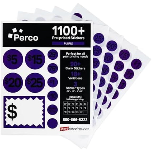 Garage Sale Price Stickers - 28 Sheets, 1100 Pre-Priced & Blank Stickers, Easy to Read Price Tags for Effective Pricing - Ideal for Yard Sales, Flea Markets, County Fairs & Retail Use (Purple)
