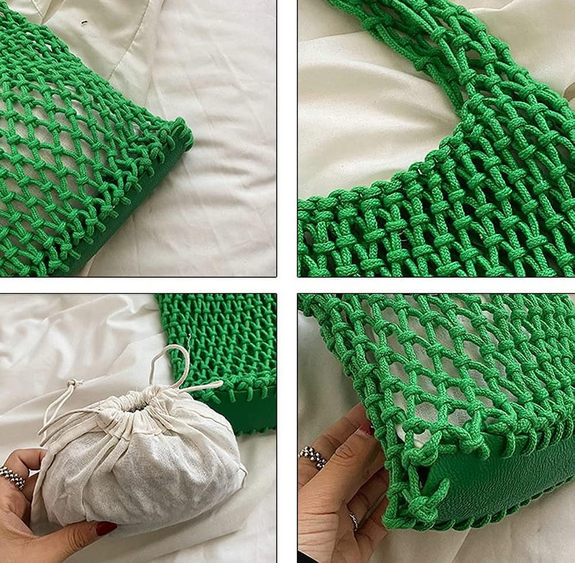 Kukuzhu Women Small Crochet Tote Handbag Cotton Top Handle Bag Summer Mesh Beach Bag Drawstring Fishing Net Bag Clutch Handbag