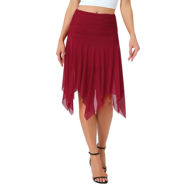 Faldas midi de malla asimétricas de cintura alta con fruncidos y fluidez para mujeres INSPIRE CHIC S Rojo Oscuro