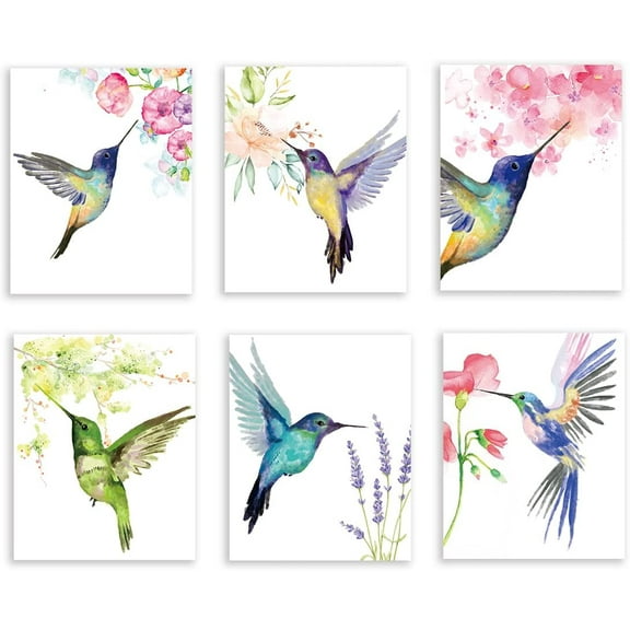 Hummingbirds Wall Art Print - Vintage Birds with Flower Canvas Print - Nature Animals Artwork for Bedroom Farmhouse Office Decor (Set of 6) - Unframed - 8X10 inch