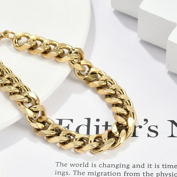 3 pc 304 Stainless Steel Cuban Link Chain Bracelets for Women Men Golden 7-1/4x3/8 inch(18.5x0.9cm)