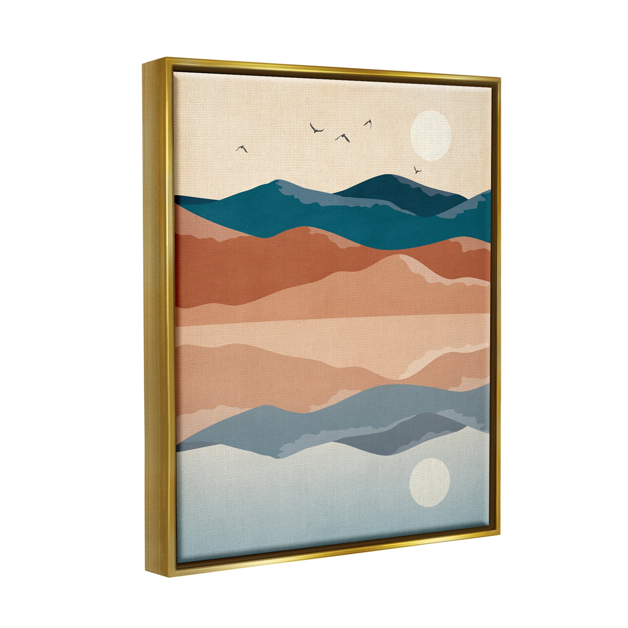 Stupell Industries Birds Flying Over Mountain Peaks Lake Reflection Graphic Art Metallic Gold Floating Framed Canvas Print Wall Art, Design by JJ Design House LLC