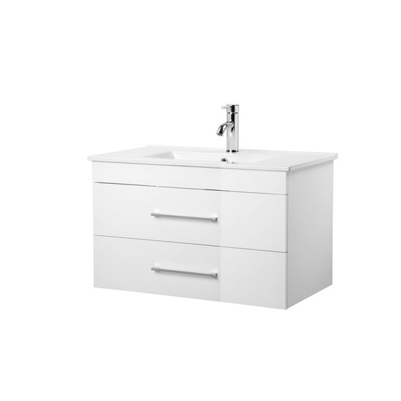 32-Inch White Gloss Wall-Mounted Bathroom Vanity with Double Soft-Close Drawers, Ceramic Sink for Modern Space-Saving Bathroom Design
