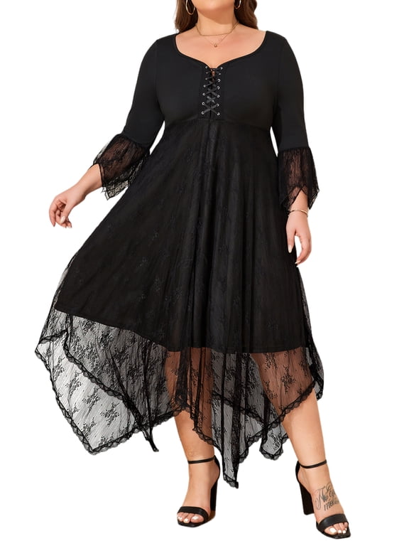Plus Size XL-6XL Womens 3/4 Sleeve Lace Gothic Long Dress Casual Party Gown