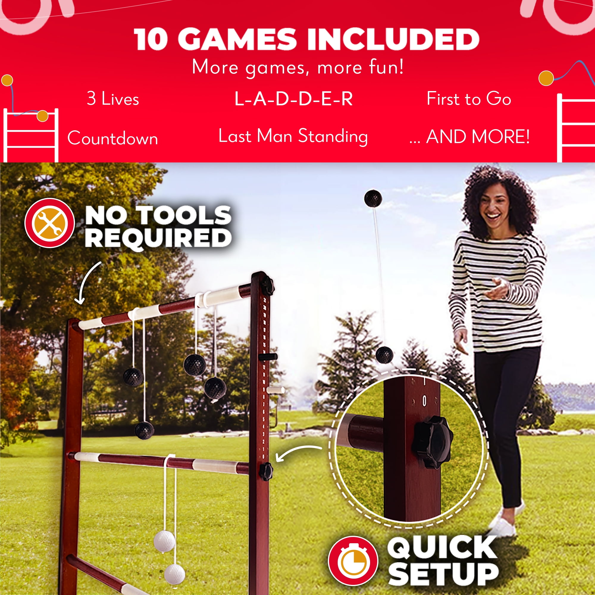 Swooc Games® - Premium Wooden Ladder Ball Game Set (Weather Resistant) - 10 Games Included & Carrying Case - Easy, No Tool Assembly - Ladder Toss Outdoor Game - Hillbilly Golf Backyard Fun