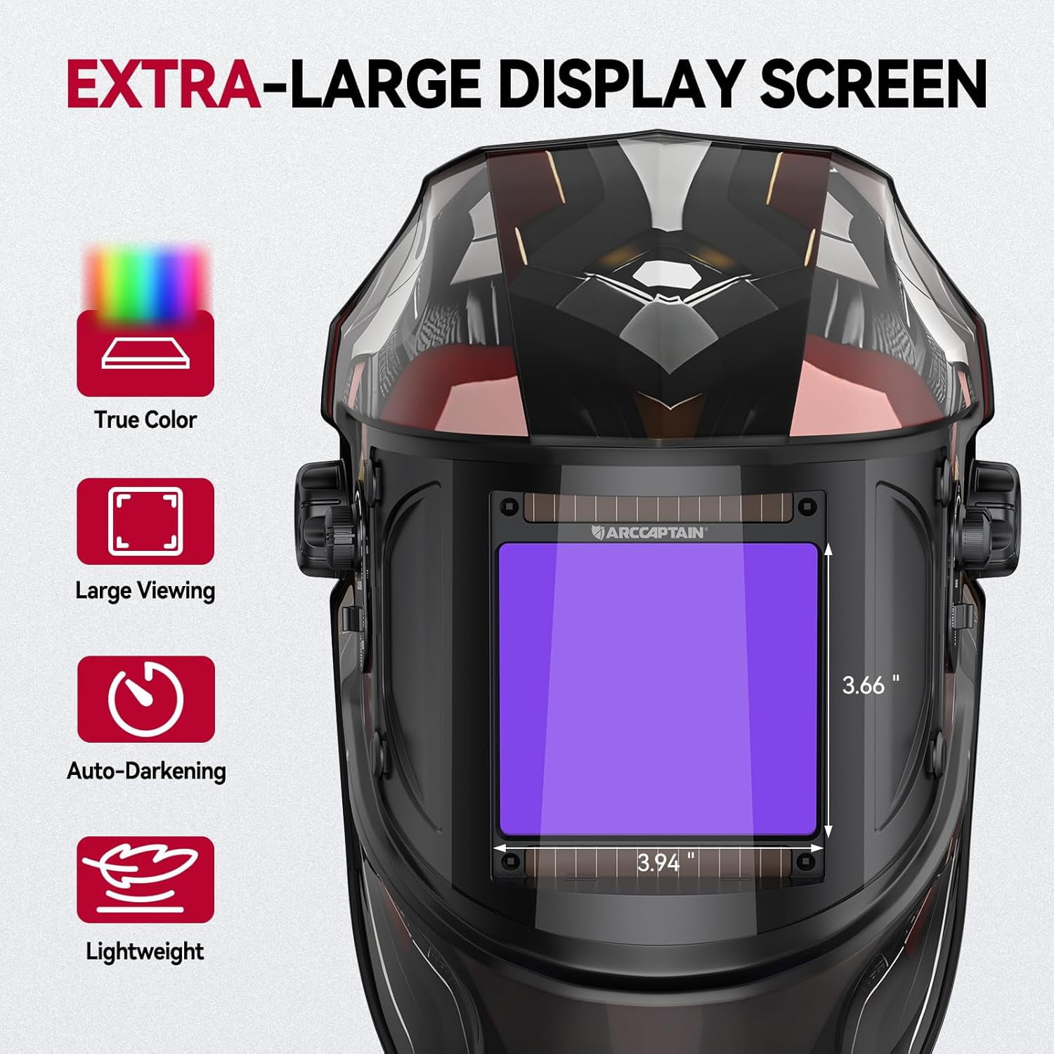 ARCCAPTAIN Auto Darkening Welding Helmet - 180° Panoramic View | 1/1/1/1 True Color Large Lens | 4 Arc Sensors & Solar Power | Shade 4-13 | For TIG, MIG, Arc, Cutting
