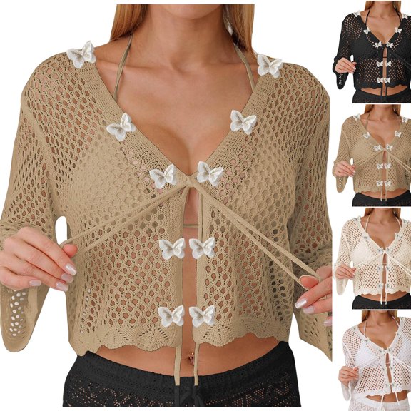 jobturf Swimsuit Coverup for Women Trendy Hollow Out Crochet Tops Beach Vacation Summer Shirts Cover Ups Tie Front Cardigan Swimwear