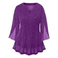 thumbnail image 3 of ZACPNCV Girls Solid Color Sparkle Top Mesh Glitter Fabric V Neck Three Quarter Sleeve Blouse for Birthday Party Celebration Tween, 3 of 5