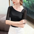 thumbnail image 7 of Lenpel Women's Mesh Tops Half Sleeve Asymmetrical Neck Patchwork Slim T-Shirts Tight Casual Tee Shirts Going out Blouses(Black,Small), 7 of 7