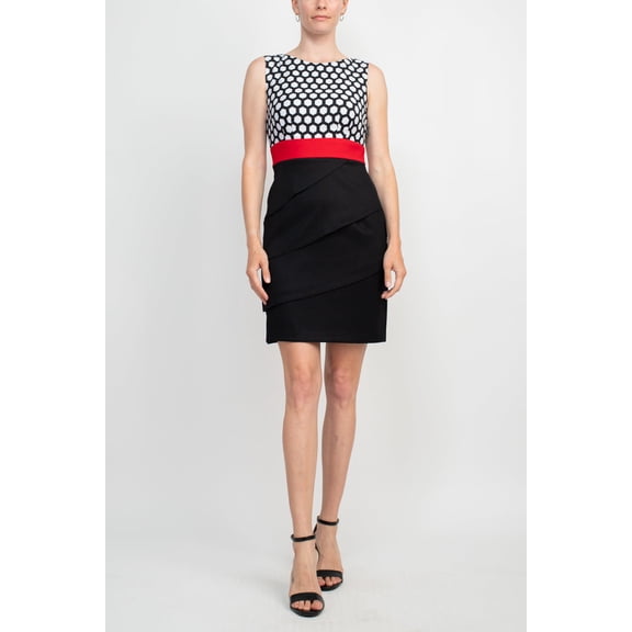 Connected Apparel Boat Neck Sleeveless Color Block Zipper Back Bodycon Tiered Skirt Stretch Crepe Dress-BLACK RED / 4