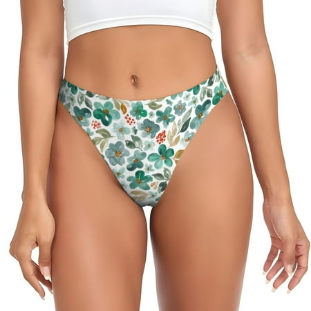 Qokaie Floral In Teal Printed Women s Cotton Thong Underwear  Sexy Breathable Panties G-string-X-Small