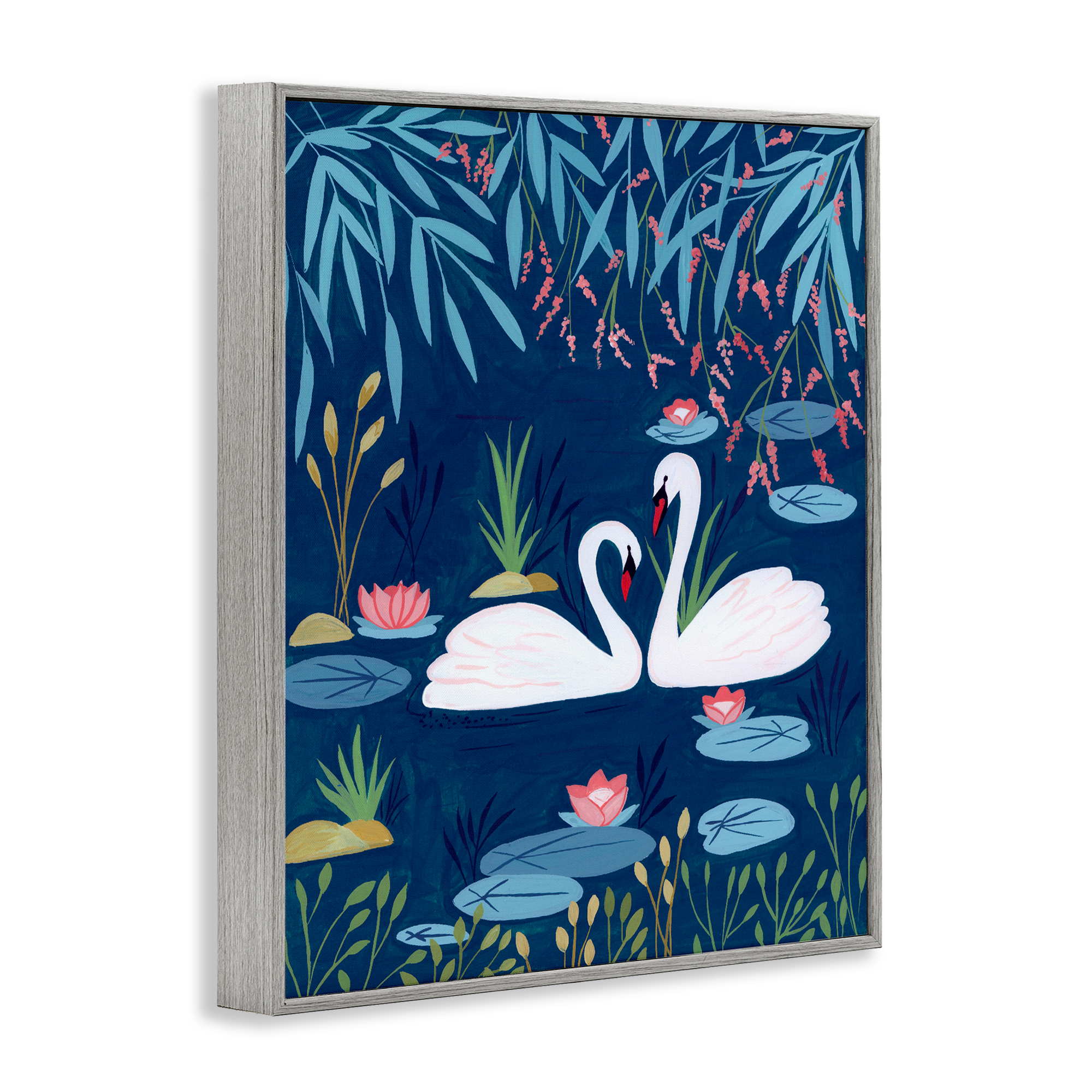 Swan Pair on Blue Pond Gray Framed Giclee Art, design by Nabeela Rumi