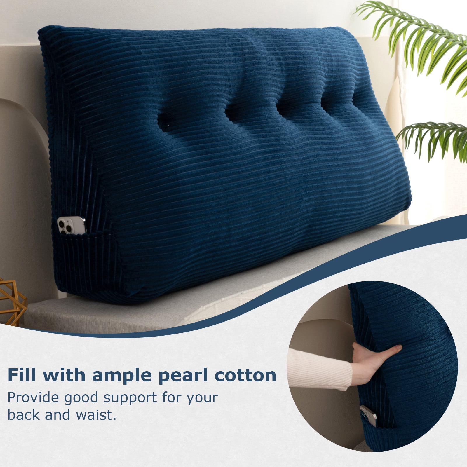 Lovote Triangular Headboard Pillow with Side Pockets, Velvet Fabric, Vertical Stripe Pattern Bed Rest Reading Pillow, Removable & Washable Cover, Daybed Wedge Pillow for Twin Beds