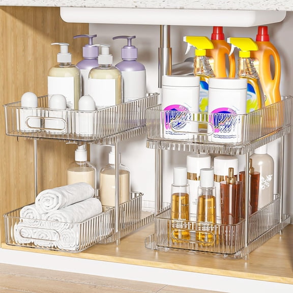 Kisportee 2 Pack Pull Out Bathroom Organizers, Under Sink Organizer and Storage, 2 Tier  Clear Kitchen Cabinet Makeup Vanity Countertop Storage Container