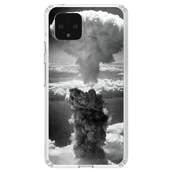 DistinctInk Clear Shockproof Hybrid Case for Google Pixel 4 (5.7" Screen) - TPU Bumper, Acrylic Back, Tempered Glass Screen Protector - Nuclear Mushroom Cloud