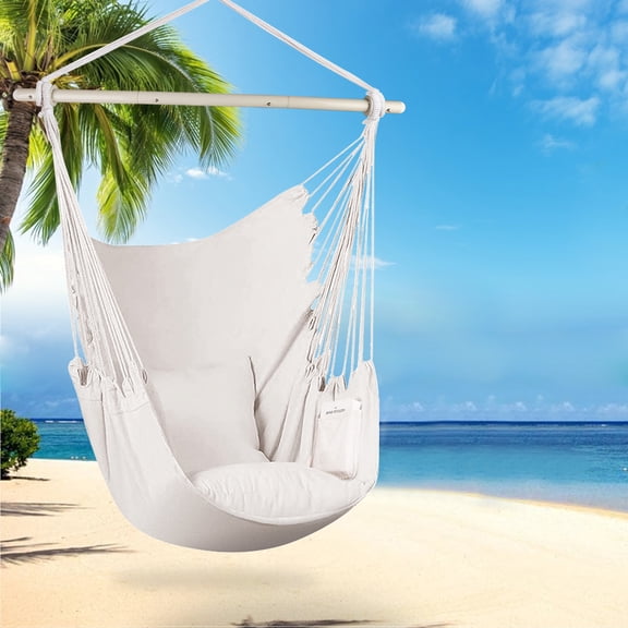 Hammock Chair Hanging Rope Swing, Hammock Chair Swing with Two Seat Cushions & Carry Bag, Hanging Swing Chair for Home Bedroom Patio Deck Yard Garden, 250 lbs Weight Capacity, B018