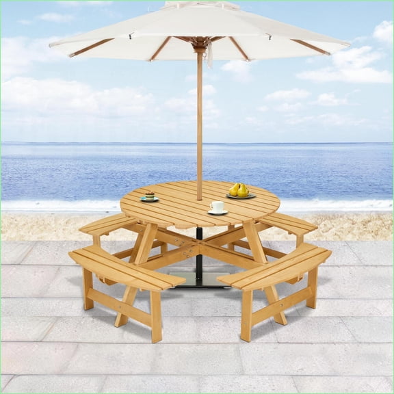 Patio Sets 8-Person Round Outdoor Picnic Table with Benches & Umbrella Hole - Garden/Backyard/Porch | Natural Pine