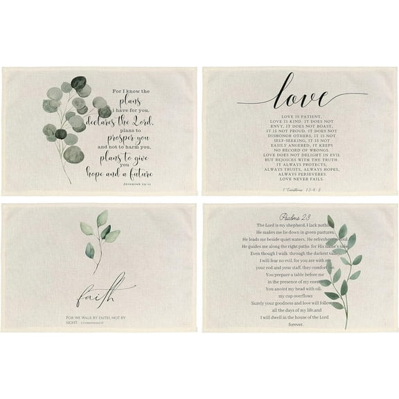 Christian Bible Verse Placemats Set of 4,Rustic Eucalyptus Leaf Religious Christian Scripture Table Mats Place Mats for Kitchen Dining Table Decoration 12x18 Inch,Christian Home Decor