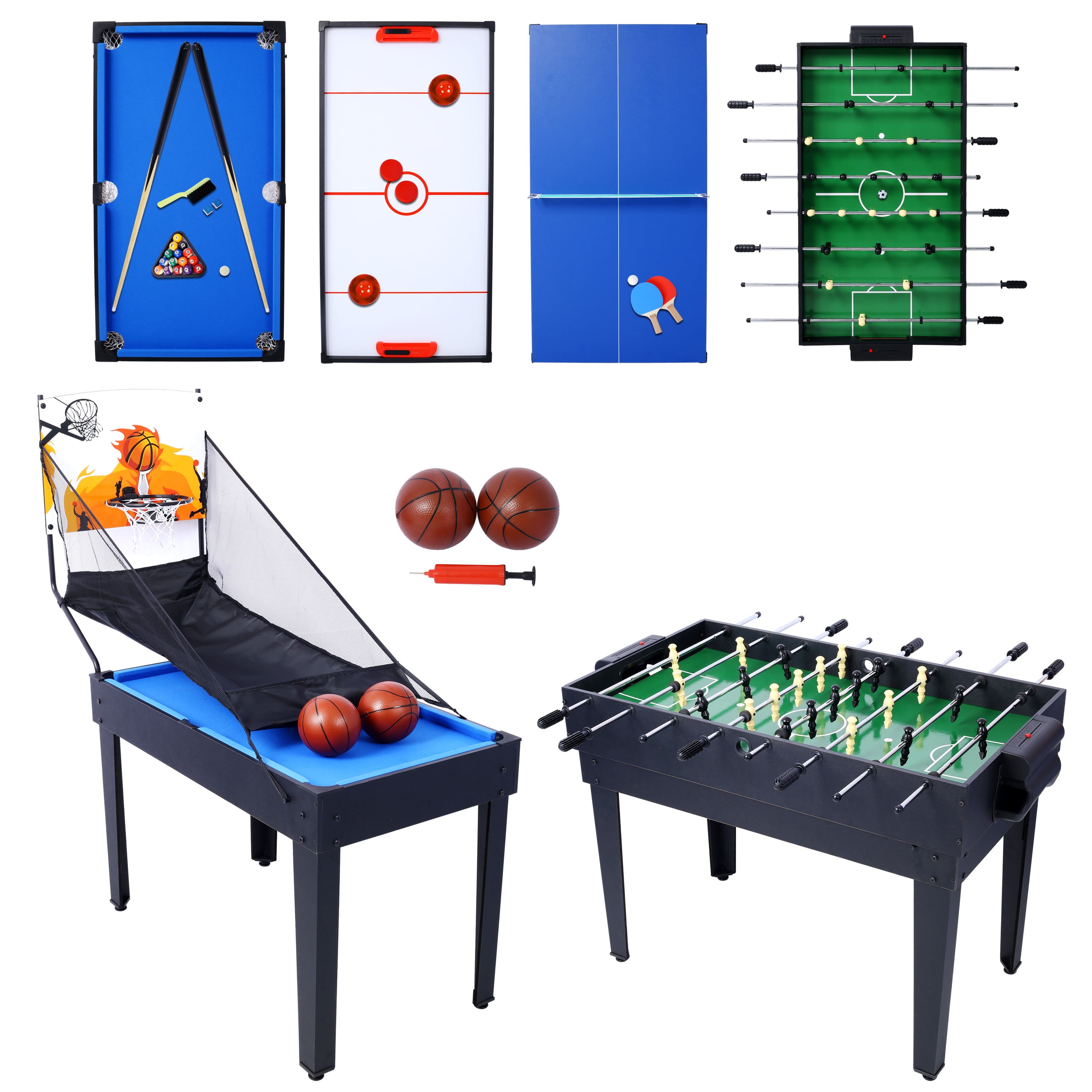 , 5-in-1 Multi-Game Table - Billiards, Push Hockey, Foosball, Ping Pong, and Basketball black/blue, Black ,Mdf+Steel ,