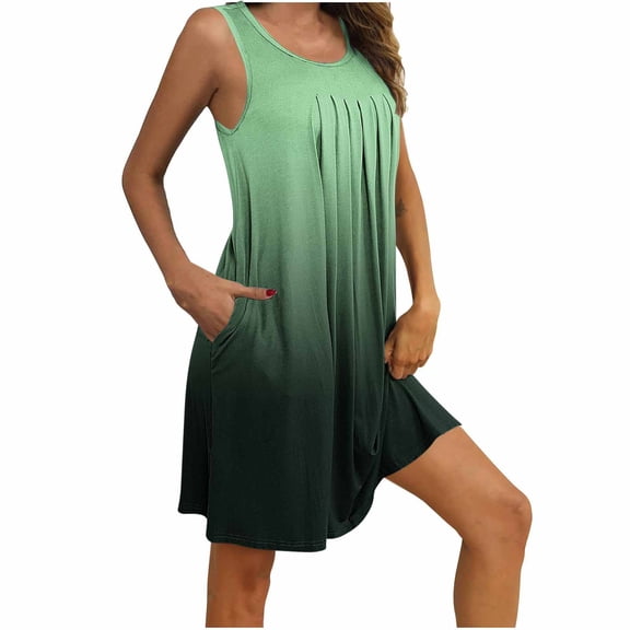 Fznquz Womens Nightgowns Loose Loungewear Sleeveless Sleep Dress Gradient Green Casual Soft Nighty with Pockets