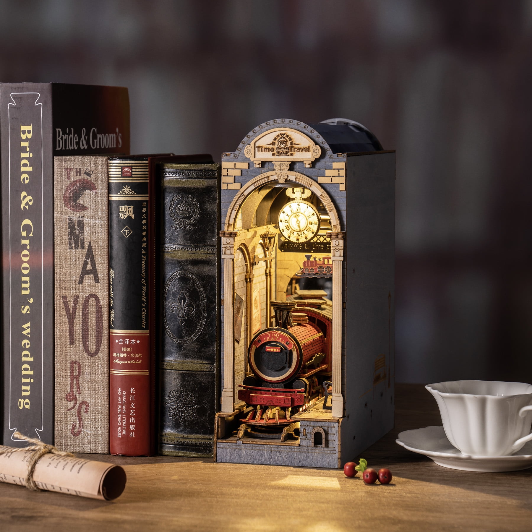 ROBOTIME Time Travel DIY Book Nook Kit,Wooden Mini Dollhouse Bookend Model Building Kit, 3D Puzzle Tiny Home Bookshelf Decor, Gifts for Adults Teens