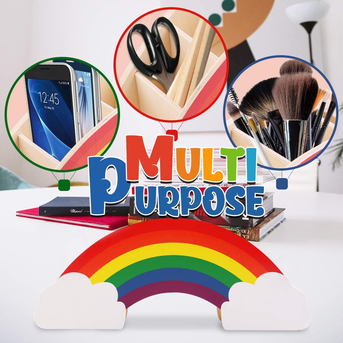 Rainbow Wooden Pen Pencil Holder Cute 6 Compartments Crayon Desk