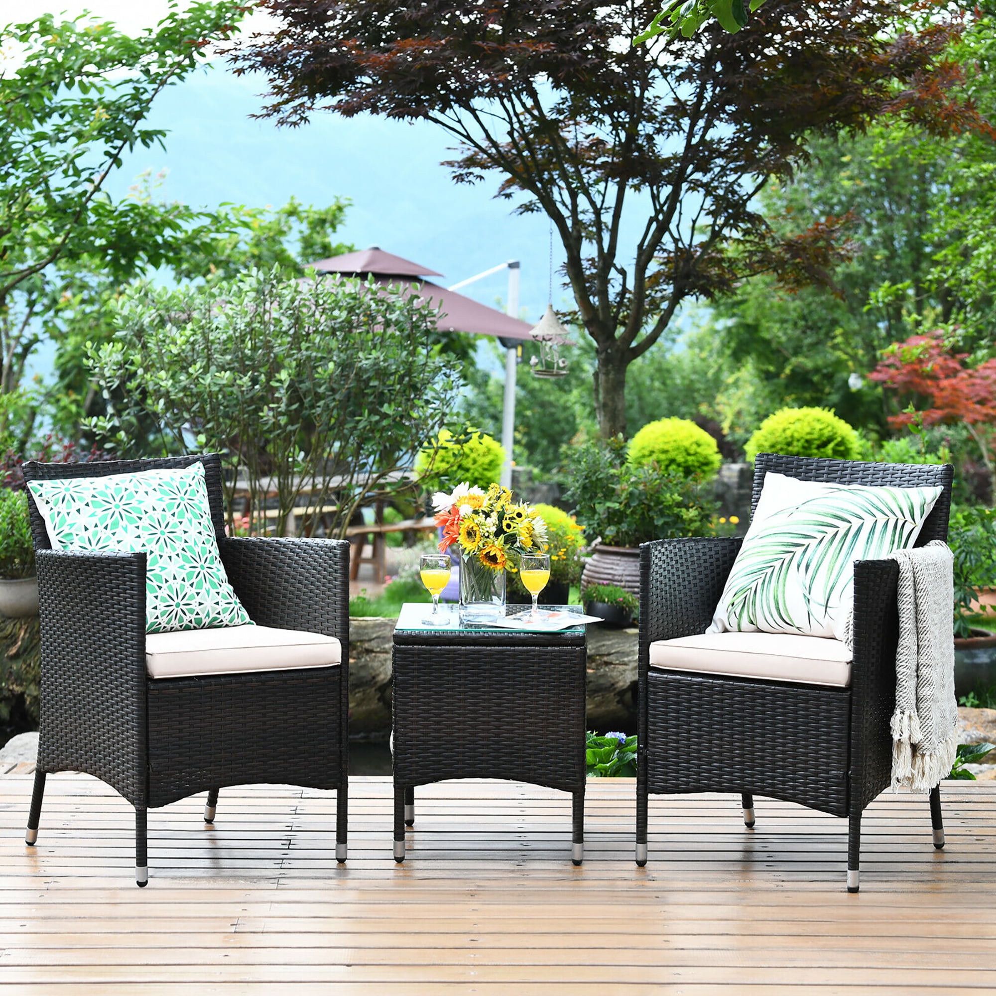 Costway Outdoor 3 PCS PE Rattan Wicker Furniture Sets Chairs  Coffee Table Garden Beige