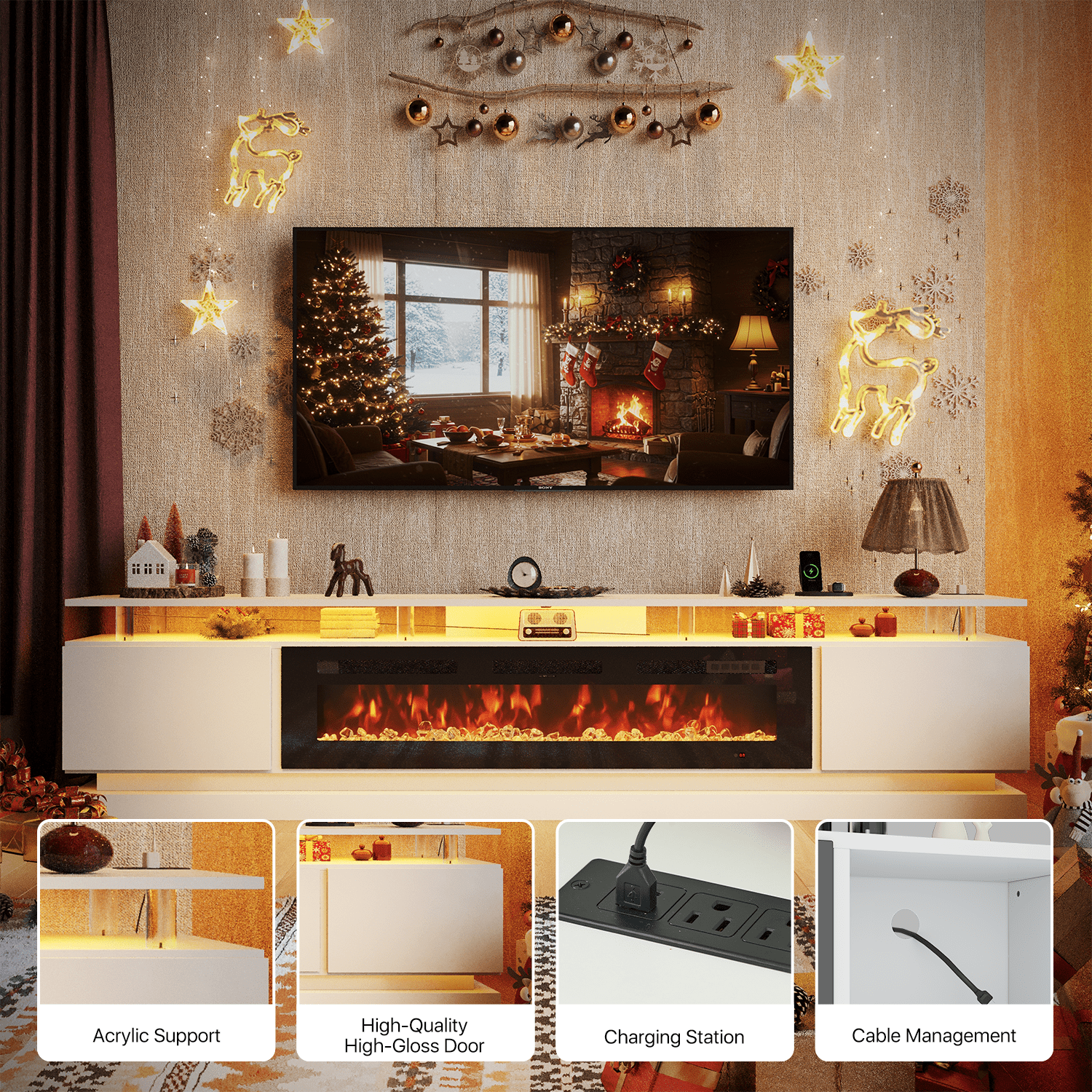 Sonegra Modern Fireplace TV Stand for TVs Up to 100" with music sync LED, 90" Fireplace Entertainment Center with Charging Station, TV Console with Storage Cabinets for Living Room, White