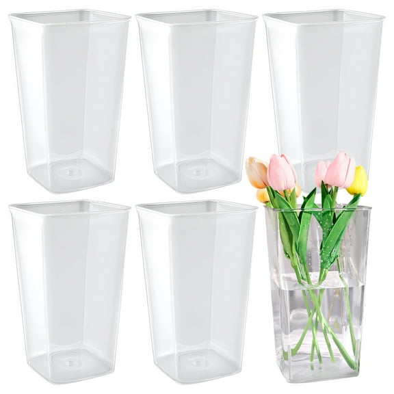 6 Pcs Transparent Plastic Vases, Acrylic Flower Buckets, Square Flower Vases for Flowers, Plastic Flower Containers, Ideal for Home, Office, and Commercial Displays