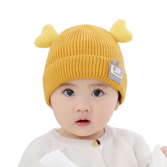 Xijirk Solid Stretchy Ribbed Knit Hat Double Heart Decor Cloth Tag Soft Windproof Kids Daily Warm Cap One Size,Yellow