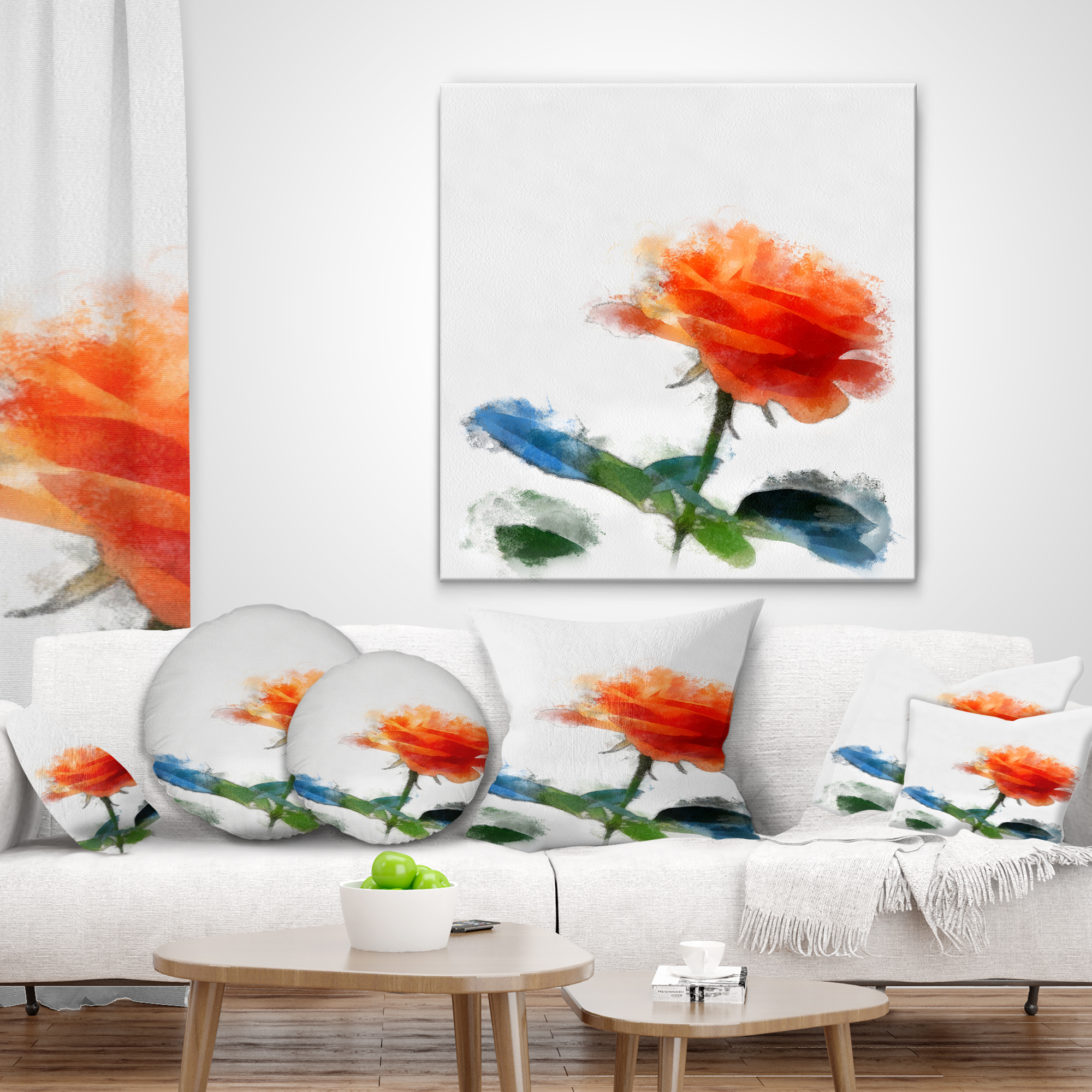 Designart Orange Rose Flower with Splashes - Floral Throw Pillow - 12x20