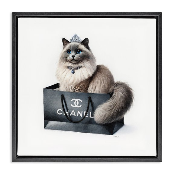 Stupell Industries Glam Cat Shopping Bag Animals Painting Black Floater Framed Canvas Art Print Wall Art, 18 x 18