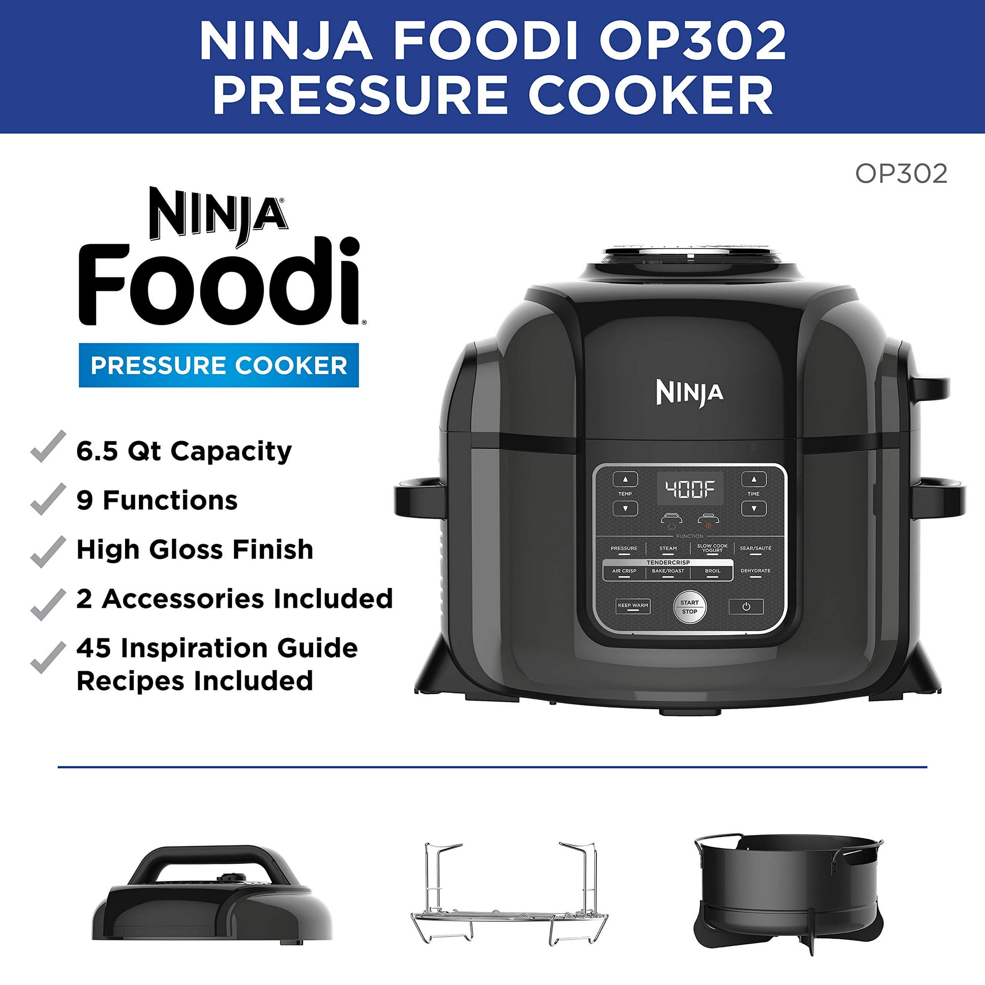 Ninja OP302 Foodi 9 in 1 Pressure Broil Dehydrate Slow Cooker Air Fryer and More with 6.5 Quart Capacity and 45 Recipe Book and a High Gloss Finish Walmart