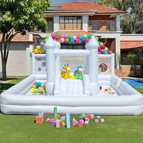 Bouncy Castle premium white bounce house for kids with blower, stakes, and darts - durable oxford fabric for 3-5 children, includes carry bag and 2 small basketballs