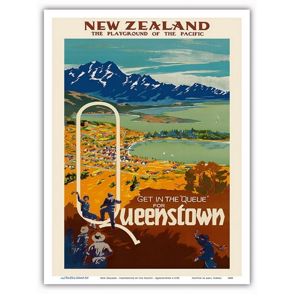 New Zealand - Playground of the Pacific - Get in the Queue for Queenstown - Vintage Travel Poster c.1930 - Master Art Print (Unframed) 9in x 12in