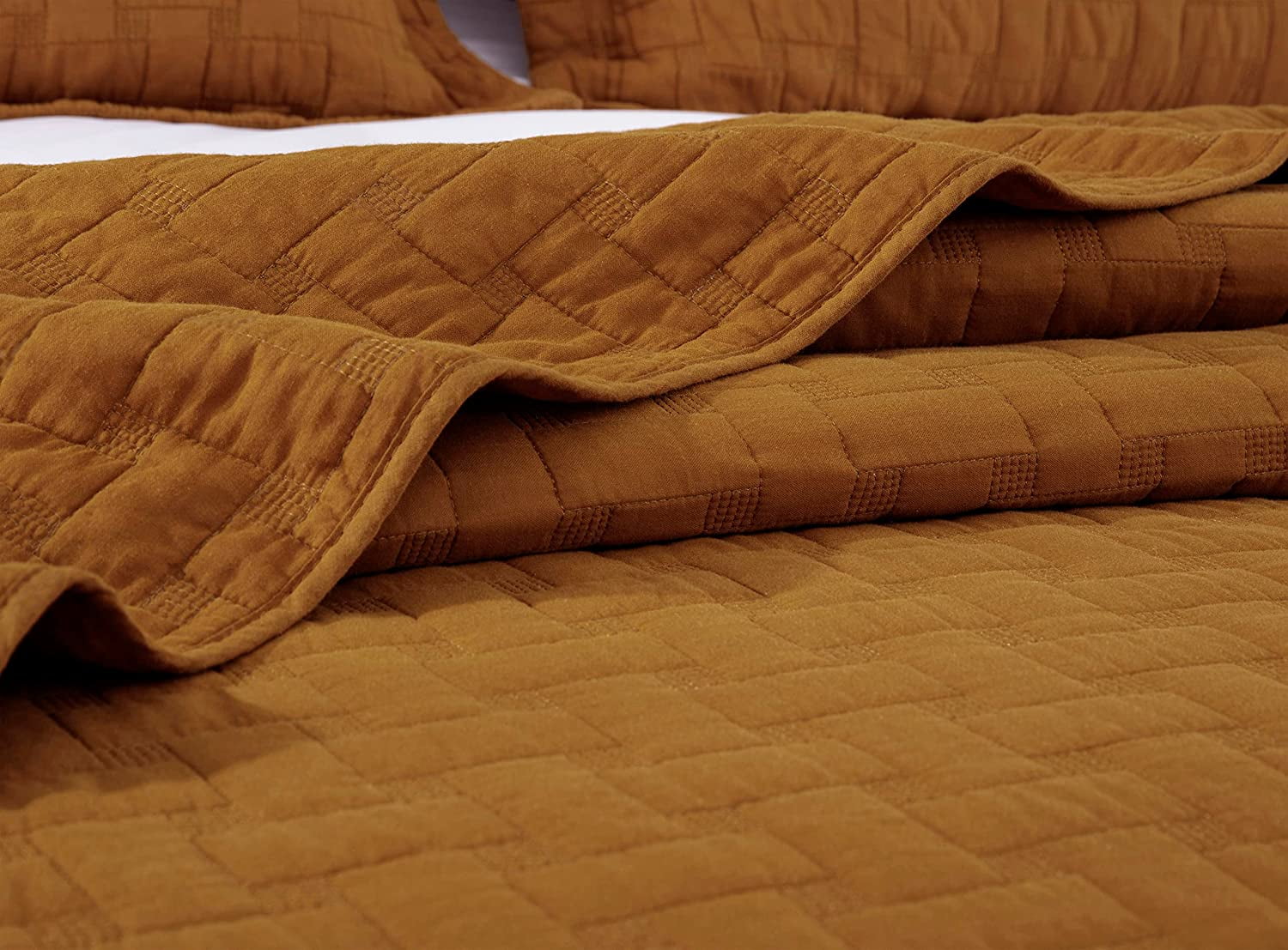 Chezmoi Collection Vert 3-Piece 100% Cotton Quilt Set Queen Size, Spice, Modern Basketweave Stitched Quilt Lightweight Washed Cotton Bedspread for All Season