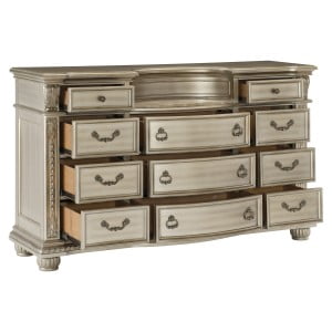 Silver Finish Dresser with Egg and Dart Base Moldings, Bead Molding, Acanthus Leaf Carvings, and Genuine Marble Inset Top"