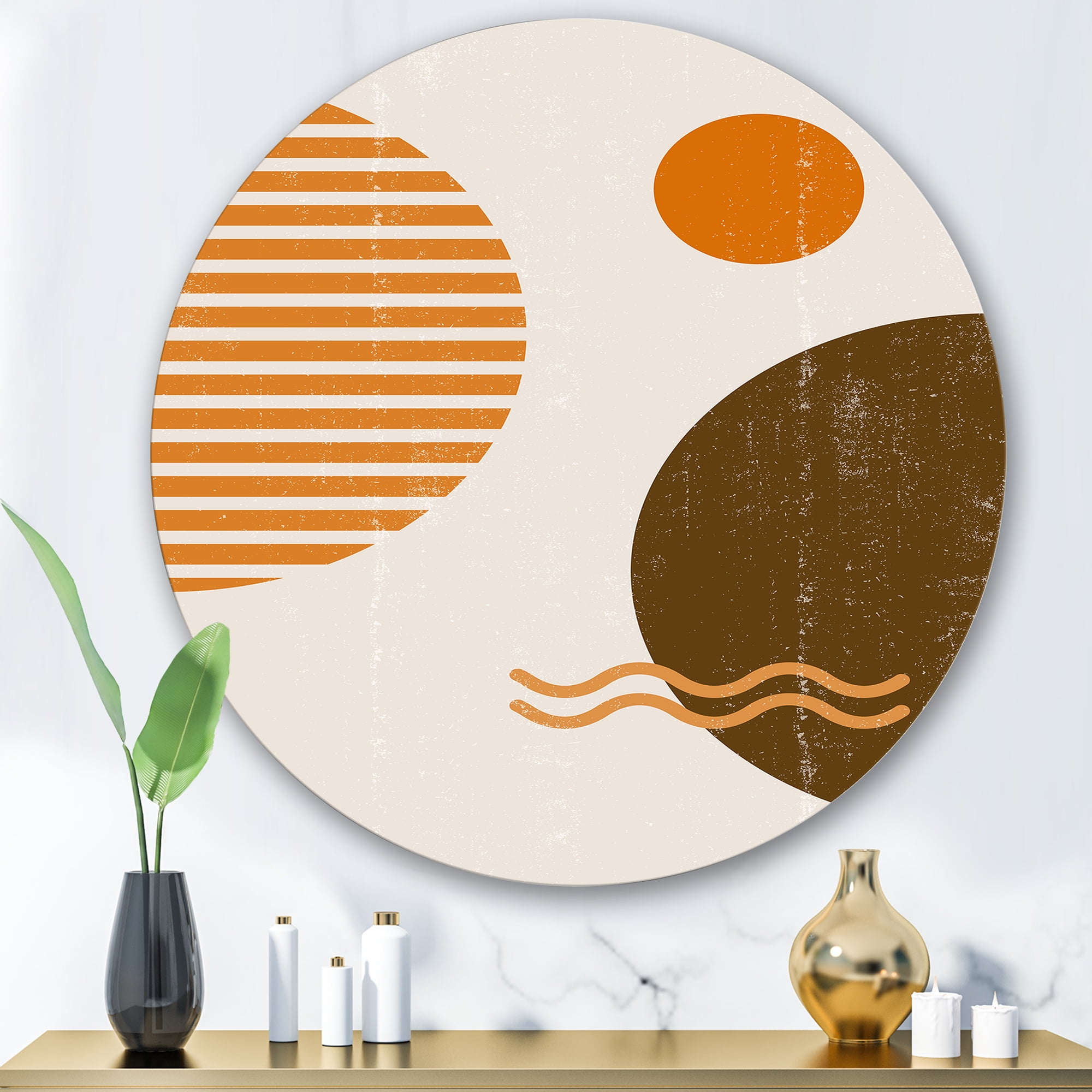 Designart 'Abstract Minimal Moon and Sun In Earth Tones III' Modern Circle Metal Wall Art 29x29 - Disc of 29