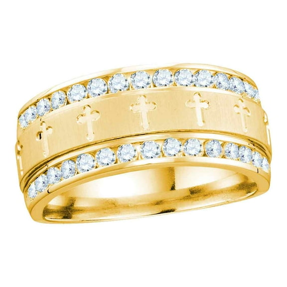 14k Yellow Gold Mens Round Diamond Grecco Christian Cross Wedding Anniversary Band Ring 1.00 Ctw
