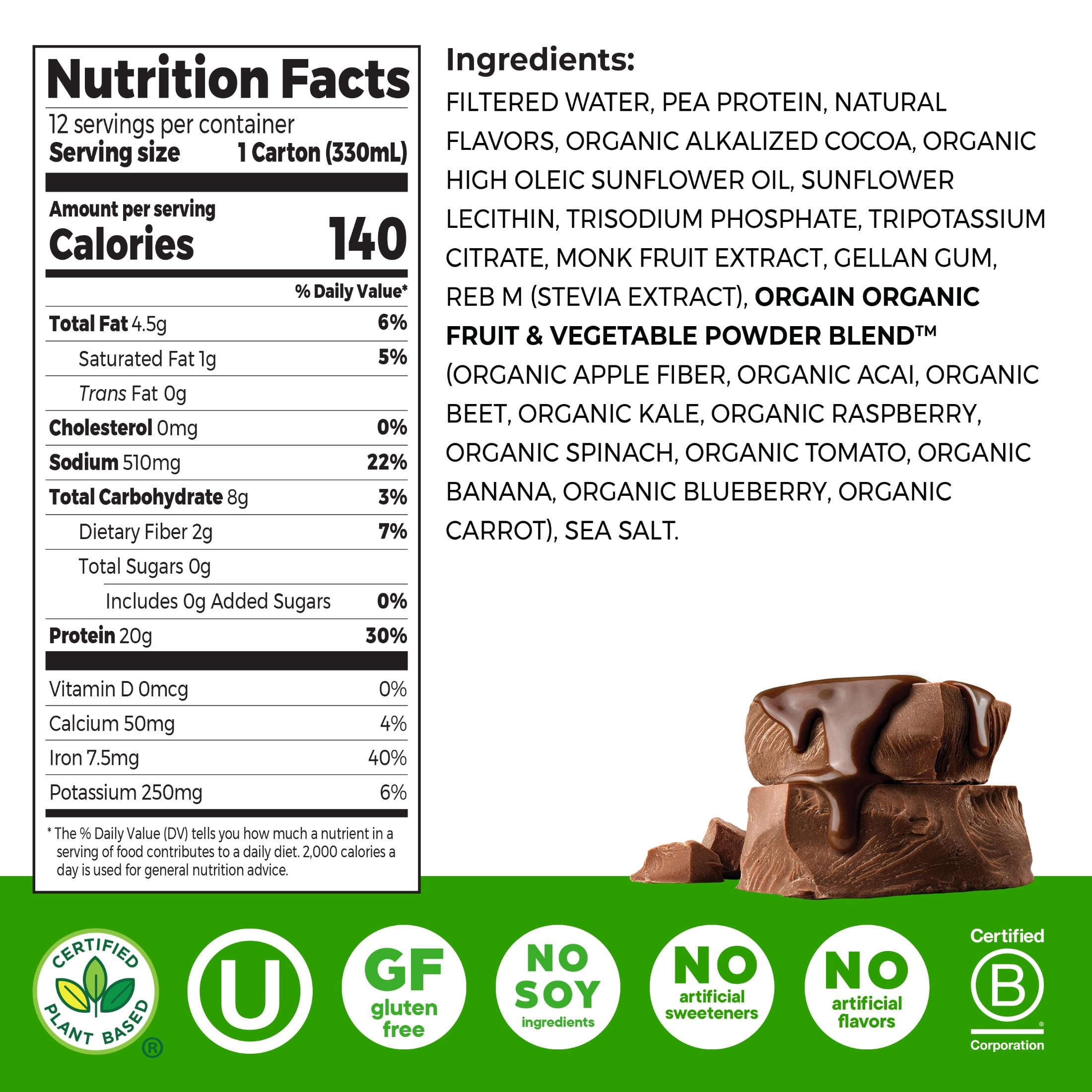 Orgain 20g Vegan Protein Shake, Plant Based, No Added Sugar- Creamy Chocolate 11oz, 12ct