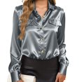 thumbnail image 5 of Dresfit Women's Dress Shirt Collared Polo Shirts Chest Pockets Spring Satin Long Sleeve Office Tunic 2026 Loose Lightweight Business Tops Gray M, 5 of 6