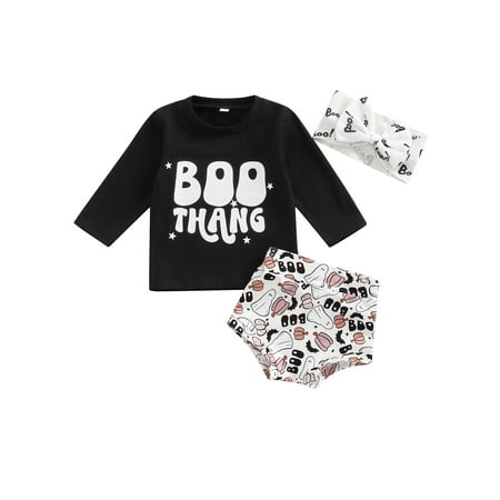 

Amuver Baby Girls 3 Pieces Halloween Outfits Letter Print Round Neck Long Sleeve T-Shirt + Ghost Pumpkin Print Shorts + Headband Set