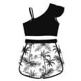 thumbnail image 4 of Moggemol Girls Athletic 2 Pcs Swimsuits Ruffles One Shoulder Crop Top with Shorts Tankini Sets Black 14, 4 of 5