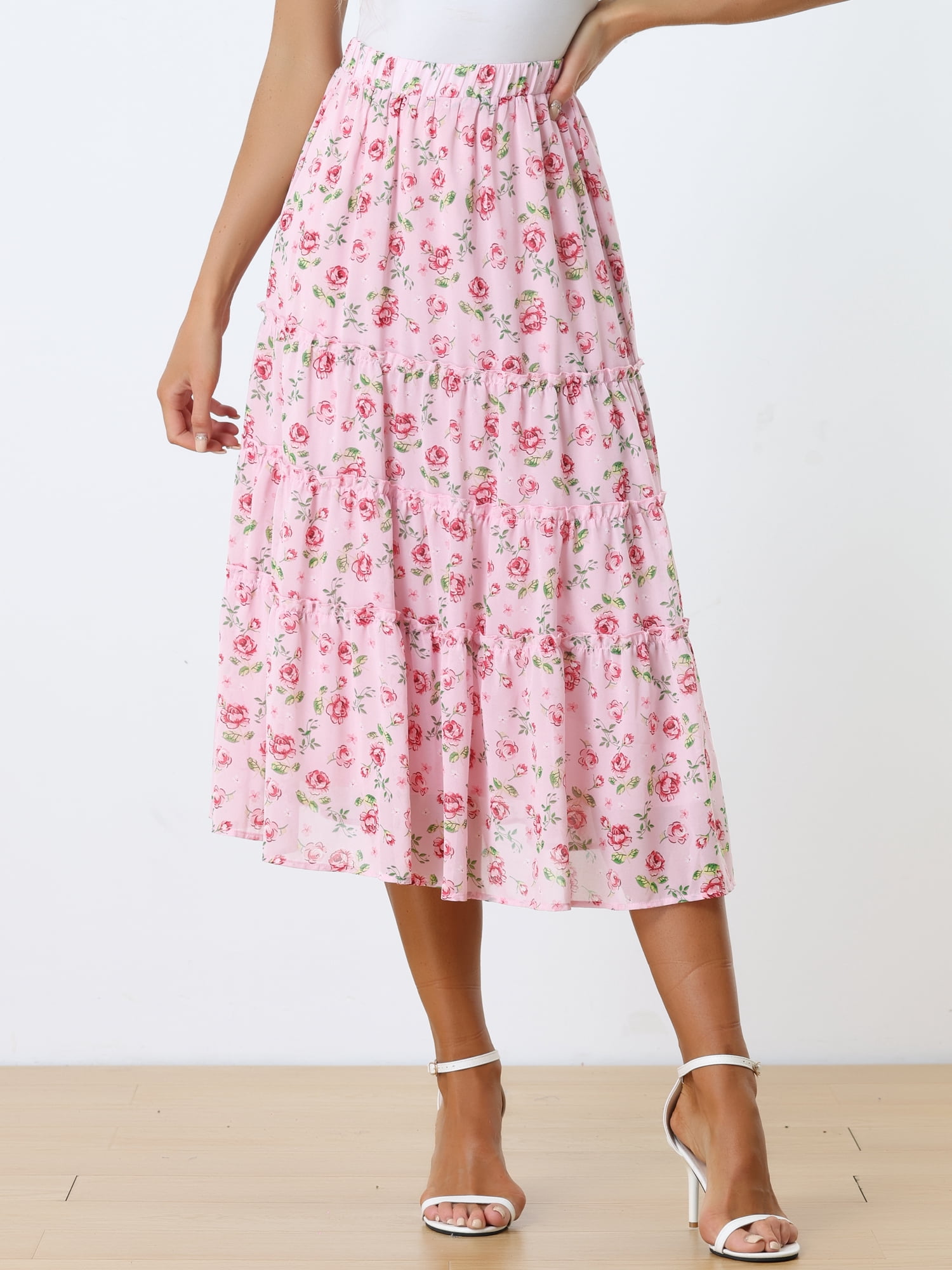 DARING DIVA Women's Chiffon Tiered A-Line Maxi Skirt 3XL Pink Rose