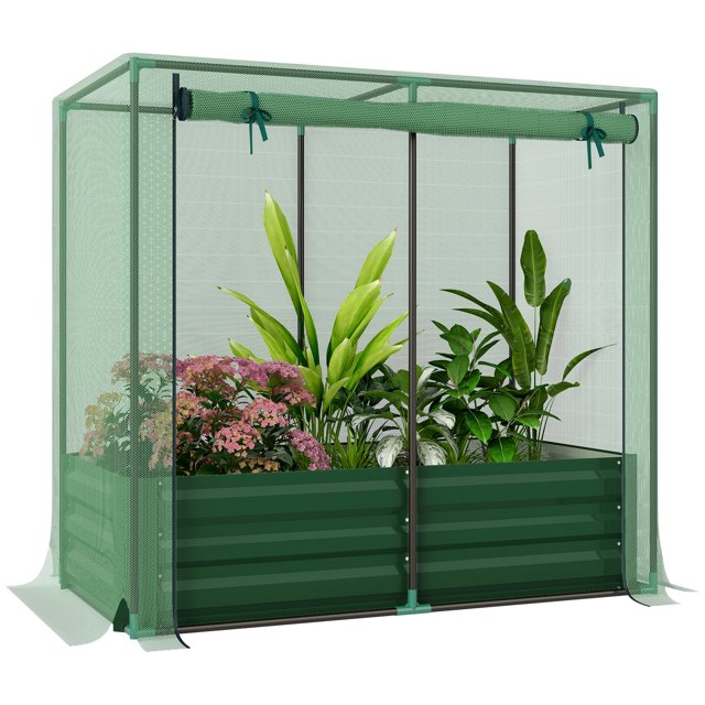 Outsunny Galvanized Raised Garden Bed with Crop Cage and Shade Cloth
