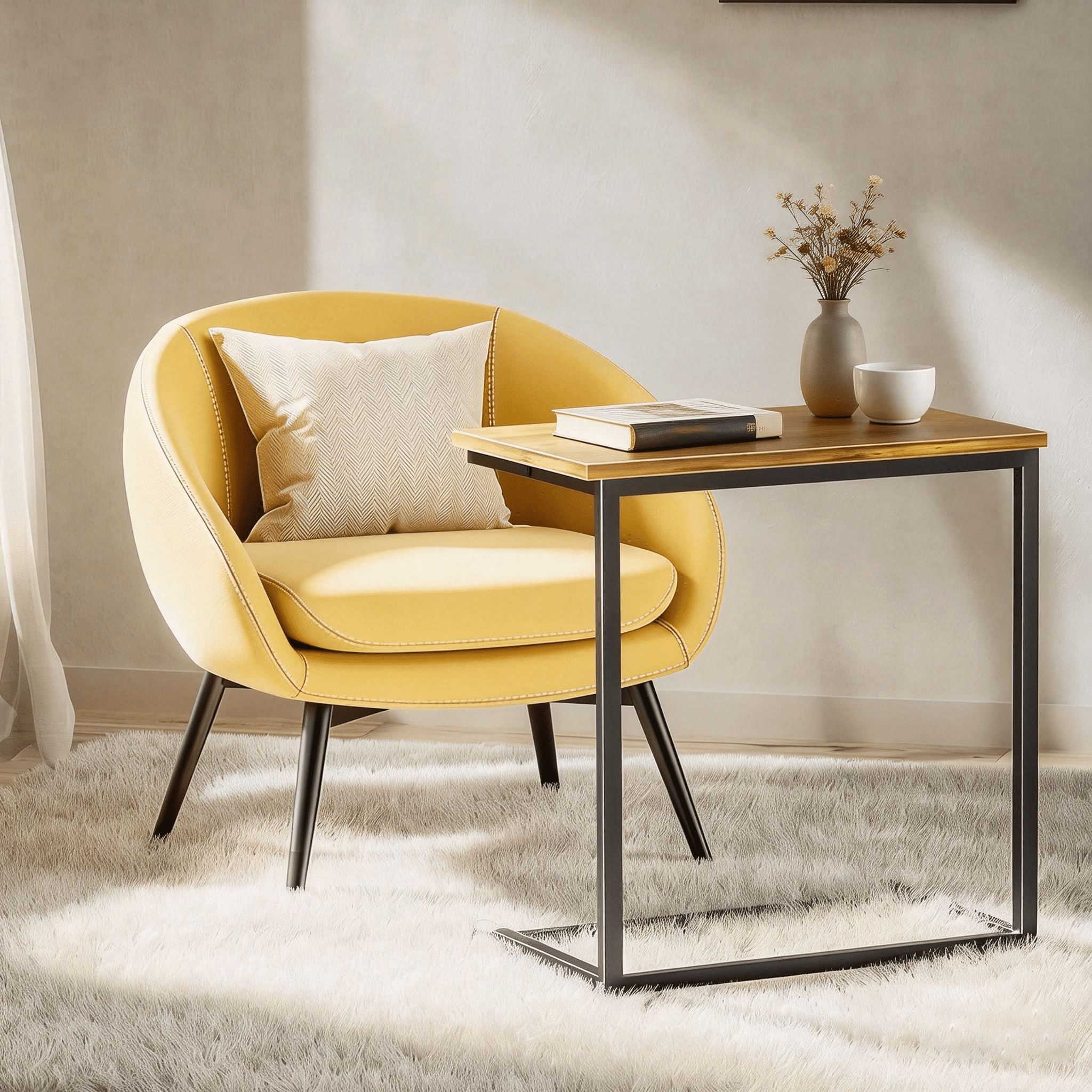 C Shaped End Table, Metal Square Side Table for Sofa, for Coffee, Laptop, Heavy-Duty Small Side Table for Couch, Sofa Table for Living Room, Bedroom, Bedside