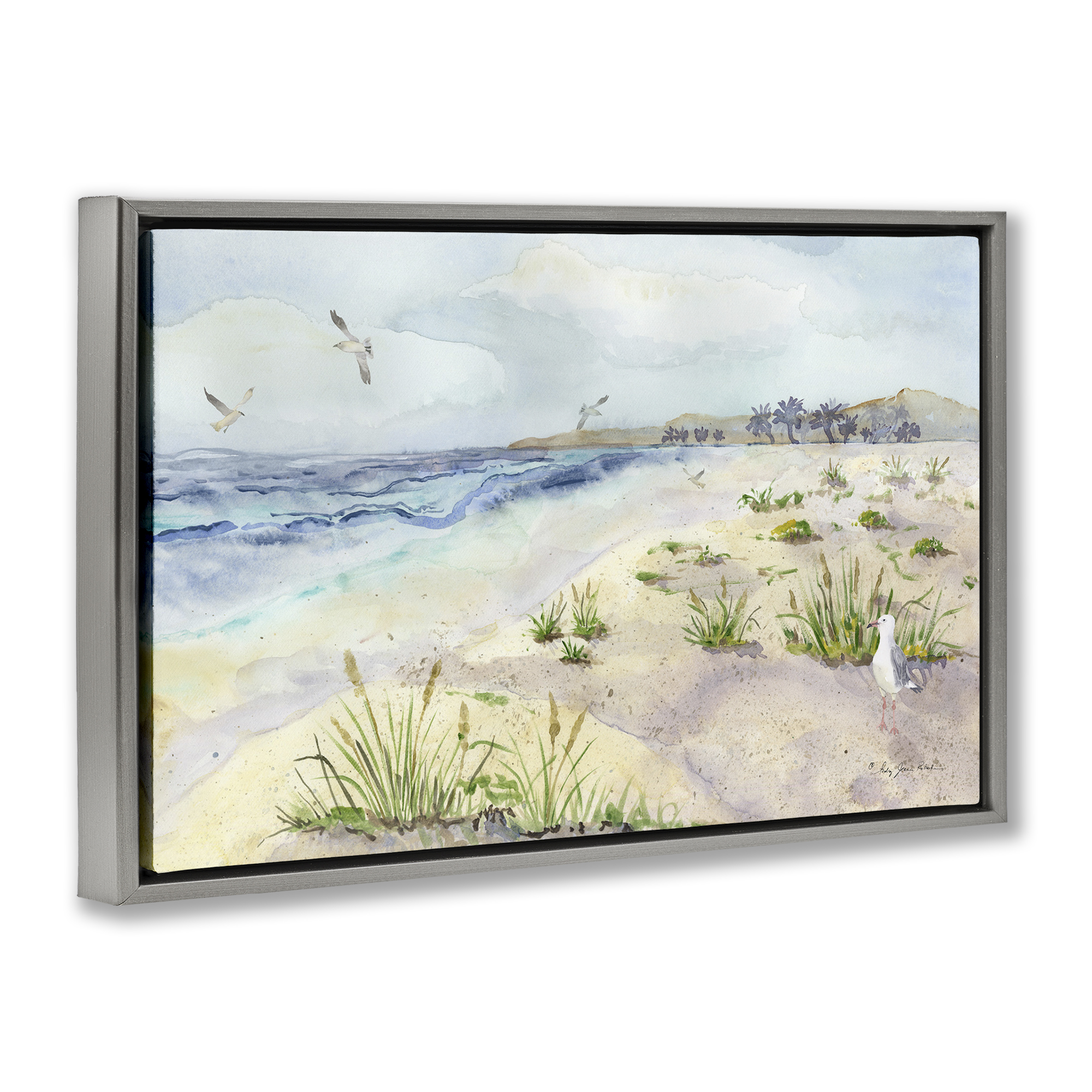 Stupell Industries Seagulls Over Beach Landscape Painting Gray Floater Framed Canvas Art Print Wall Art, 25 x 17