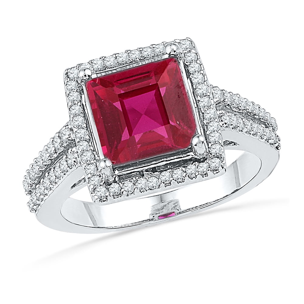 Size - 7 - Solid 10k White Gold Princess Cut Round Red Simulated Ruby ...